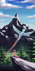 Size: 3600x7200 | Tagged: dead source, safe, artist:anoldmate, rainbow dash, scootaloo, pegasus, pony, g4, cliff, cloud, female, filly, flying, foal, looking up, mare, mountain, pine tree, rainbow trail, scenery, sitting, sky, spread wings, tree, wings