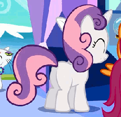 Size: 302x292 | Tagged: safe, screencap, opalescence, scootaloo, sweetie belle, cat, pegasus, pony, unicorn, g4, just for sidekicks, animated, butt, cute, diasweetes, female, filly, foal, plot, youtube link