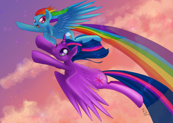 Size: 2800x2000 | Tagged: safe, artist:thenornonthego, rainbow dash, twilight sparkle, alicorn, pegasus, pony, g4, female, flying, lesbian, mare, ship:twidash, shipping, trail, twilight sparkle (alicorn)