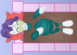 Size: 13500x9600 | Tagged: safe, artist:xniclord789x, rarity, pony, unicorn, g4, absurd resolution, belly, cucumber, female, horn, mare, mud, mud bath, pillow, preggity, pregnant, seaweed wrap, solo, spa