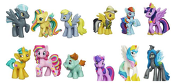 Size: 521x256 | Tagged: safe, daring do, derpy hooves, fluttershy, pinkie pie, princess celestia, queen chrysalis, rainbow dash, snails, snips, thunderlane, twilight sparkle, alicorn, pony, g4, female, figurine, mare, rainbow power, toy, twilight sparkle (alicorn)