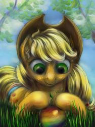 Size: 1188x1584 | Tagged: safe, artist:viwrastupr, applejack, g4, apple, eyes on the prize, female, grass, prone, solo, zap apple