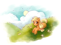 Size: 1000x750 | Tagged: safe, artist:katiramoon, applejack, g4, female, grass, prone, solo, sun