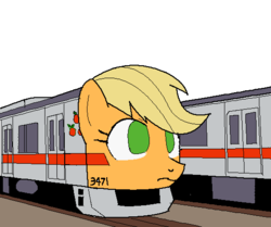 Size: 540x452 | Tagged: safe, artist:tetsutowa, applejack, train pony, g4, female, pixiv, simple background, solo, train, wat, what has science done, white background, why