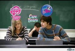 Size: 720x490 | Tagged: safe, human, g4, analogy, caption, care bears, chalkboard, clothes, female, irl, irl human, littlest pet shop, male, meta, metaphor, my little pony logo, pencil, penny ling, photo, school