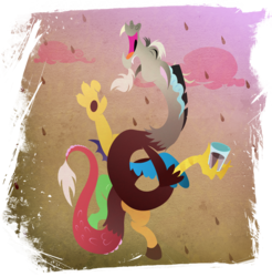Size: 901x916 | Tagged: safe, artist:rariedash, discord, chocolate, chocolate milk, chocolate rain, eyes closed, fangs, floppy ears, glass, horns, lineless, male, milk, open mouth, pink cloud, portrait, solo, wings