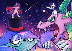 Size: 1273x900 | Tagged: safe, artist:jopiter, rarity, spike, crab, dragon, pony, unicorn, g4, cancer (horoscope), classy, fight, hat, like a sir, monocle, monocle and top hat, monster, moustache, older, older spike, ponyscopes, rarity fighting a giant crab, riding, top hat, zodiac