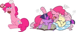 Size: 1000x429 | Tagged: artist needed, source needed, safe, fluttershy, pinkie pie, twilight sparkle, earth pony, pegasus, pony, unicorn, g4, :t, book, cuddle puddle, cuddling, cute, donut, dream, eyes closed, heart, looking up, lying down, one eye closed, open mouth, pillow, playing, pony pile, prone, simple background, sitting, sleeping, sleeping together, smiling, snoring, thought bubble, unicorn twilight, white background, zzz