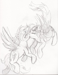 Size: 2384x3080 | Tagged: dead source, safe, artist:enigmaticfrustration, rainbow dash, spitfire, pegasus, pony, g4, female, goggles, kissing, lesbian, monochrome, ship:spitdash, shipping, sketch, traditional art, wings