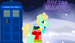 Size: 880x508 | Tagged: safe, doctor whooves, time turner, earth pony, pony, g4, doctor who, fashion disaster, my eyes, sixth doctor, tacky, tardis, the doctor, the explosion in a rainbow factory
