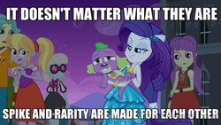 Size: 640x360 | Tagged: safe, edit, edited screencap, screencap, cloudy kicks, photo finish, rarity, spike, starlight, equestria girls, g4, my little pony equestria girls, background human, caption, female, image macro, interspecies, male, meme, ship:sparity, shipping, straight, text, zoophilia