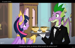 Size: 1703x1094 | Tagged: safe, artist:wolfjedisamuel, spike, twilight sparkle, alicorn, dragon, pony, g4, bowtie, butler, clothes, drink, fake screencap, female, hoof shoes, letterboxing, mare, older, older spike, platter, subtitles, suit, tea, teacup, the butler, tray, twilight sparkle (alicorn), waiter, winged spike, wings