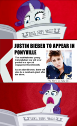 Size: 473x771 | Tagged: safe, edit, edited screencap, screencap, rarity, human, pony, unicorn, g4, ponyville confidential, abstract background, female, i'll destroy her, irl, irl human, justin bieber, mare, newspaper, open mouth, photo