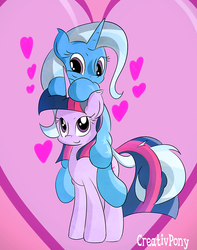 Size: 500x635 | Tagged: safe, artist:tivy, trixie, twilight sparkle, g4, female, heart, intertwined tails, lesbian, ponies riding ponies, riding, ship:twixie, shipping, trixie riding twilight