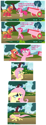 Size: 988x2690 | Tagged: safe, big macintosh, fluttershy, pinkie pie, g4, cannon, canon, comic, crying, female, male, misunderstanding, mspaintponies, party cannon, pinky-mac's cannon, ship:fluttermac, ship:pinkiemac, shipping, shipping denied, straight, text