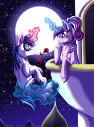 Size: 900x1221 | Tagged: safe, artist:inuhoshi-to-darkpen, princess cadance, shining armor, alicorn, pony, unicorn, g4, blushing, female, full moon, levitation, magic, male, moon, night, ponytail, rose, ship:shiningcadance, shipping, sky, starry night, stars, straight, teen princess cadance, teenage shining armor, telekinesis, unshorn fetlocks