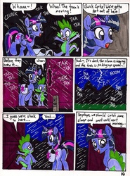 Size: 1280x1732 | Tagged: safe, artist:newyorkx3, spike, twilight sparkle, alicorn, pony, comic:twilight and the big city, g4, comic, female, lightning, mare, rain, traditional art, train, twilight sparkle (alicorn)