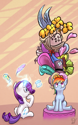 Size: 2000x3188 | Tagged: safe, artist:pirill, rainbow dash, rarity, pony, g4, dressup, female, fluffy, frown, giant hat, hat, kitchen sink, magic, pile, rainbow dash always dresses in style