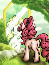 Size: 2625x3500 | Tagged: safe, artist:pirill, pinkie pie, surprise, pony, g1, g4, 30 minute art challenge, confused, female, fluffy, g1 to g4, generation leap, mirror