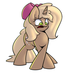 Size: 800x800 | Tagged: safe, artist:slavedemorto, oc, oc only, oc:custard cream, pony, unicorn, bow, female, hair bow, horn, looking down, mare, open mouth, simple background, solo, standing, tail, transparent background, unicorn oc