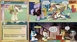 Size: 1011x550 | Tagged: safe, 8-bit (g4), bon bon, buck withers, gaffer, gizmo, lyra heartstrings, shining armor, sweetie drops, earth pony, pegasus, pony, unicorn, g4, idw, neigh anything, spoiler:comic, spoiler:comic11, 8-bit, ccg, dungeons and dragons, enterplay, female, grease (musical), hasbro, heartstrings, honey dew (drink), laughing, male, mare, mlp trading card game, musical reference, name, names, ogres and oubliettes, pen and paper rpg, pony pile, pun, rpg, stallion
