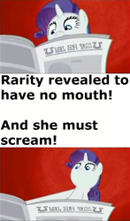 Size: 473x807 | Tagged: safe, edit, edited screencap, screencap, rarity, pony, unicorn, g4, ponyville confidential, female, horn, i have no mouth and i must scream, i'll destroy her, mare, newspaper, no mouth, solo, wat, wide eyes