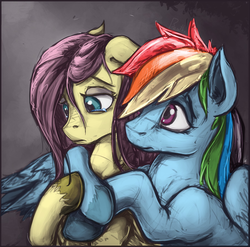 Size: 904x893 | Tagged: safe, artist:allosaurus, artist:bantha, edit, fluttershy, rainbow dash, pegasus, pony, g4, colored, comforting, duo, female, hug from behind, lesbian, mare, sad, ship:flutterdash, shipping