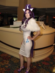 Size: 487x650 | Tagged: artist needed, safe, rarity, human, g4, anime usa, cosplay, ears, fur scarf, horns, irl, irl human, photo, solo