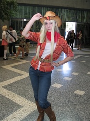 Size: 487x650 | Tagged: safe, artist:burloire, applejack, human, g4, boots, clothes, cosplay, fanimecon, irl, irl human, jeans, photo