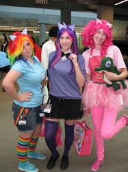 Size: 487x650 | Tagged: artist needed, safe, gummy, pinkie pie, rainbow dash, twilight sparkle, human, g4, bowtie, clothes, cosplay, fanimecon, irl, irl human, photo, plushie, tutu