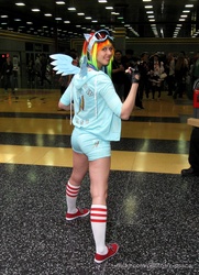 Size: 1920x2654 | Tagged: artist needed, safe, rainbow dash, human, g4, anime central, clothes, convention, cosplay, fingerless gloves, gloves, goggles, irl, irl human, photo