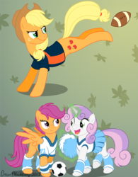 Size: 613x787 | Tagged: safe, artist:brianblackberry, applejack, scootaloo, sweetie belle, earth pony, pegasus, pony, unicorn, g4, american football, ball, bottomless, cheerleader, clothes, denver broncos, football, leg warmers, magic, nfl, partial nudity, pom pom, scootaloo will show us games to play, separated by a common language, skirt, sports, telekinesis