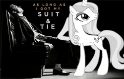 Size: 682x433 | Tagged: safe, fleur-de-lis, pony, unicorn, g4, better than bieber, black and white, eyeshadow, grayscale, justin timberlake, makeup, monochrome, ponified, rubbing mane, suit & tie, thin
