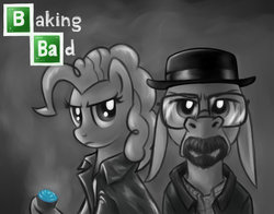 Size: 1008x792 | Tagged: safe, artist:verulence, cranky doodle donkey, pinkie pie, donkey, earth pony, pony, g4, breaking bad, crossover, cupcake, glasses, heisenburro, ponified, walter white