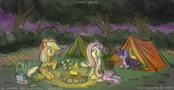 Size: 1280x659 | Tagged: safe, artist:king-kakapo, applejack, fluttershy, twilight sparkle, ambiguous race, earth pony, pegasus, pony, g4, 30 minute art challenge, appletwishy, campfire, camping, cooking, food, marshmallow, redraw, tent