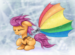 Size: 2252x1660 | Tagged: safe, artist:eltaile, artist:xn-d, scootaloo, pegasus, pony, g4, blizzard, female, filly, snow, snowfall, solo, umbrella, wind, windswept mane