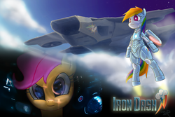 Size: 1024x683 | Tagged: safe, artist:ifthemainecoon, rainbow dash, scootaloo, g4, avengers, iron man, powered exoskeleton