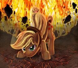 Size: 1334x1160 | Tagged: safe, artist:ifthemainecoon, applejack, g4, action pose, face down ass up, female, fire, glare, lava, looking at you, smiling, solo, windswept mane