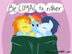 Size: 1600x1200 | Tagged: safe, artist:vulapa, rainbow dash, soarin', spitfire, pegasus, pony, g4, bisexual, female, hug, lesbian, lesbian in front of boys, male, mare, ot3, polyamory, sandwich, ship:soarindash, ship:soarindashfire, ship:spitdash, shipping, soarin' gets all the mares, stallion, straight, trio, why not both