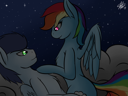 Size: 1600x1200 | Tagged: safe, artist:amnease, rainbow dash, soarin', g4, cloud, cuddling, eye contact, female, fluffy, male, on back, ship:soarindash, shipping, sitting, smiling, snuggling, spread wings, straight