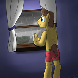 Size: 1280x1280 | Tagged: safe, artist:fuzebox, caramel, anthro, unguligrade anthro, g4, ass, boxers, butt, clothes, curtains, male, rain, solo, topless, underwear, window