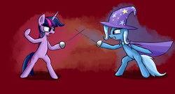 Size: 1300x700 | Tagged: safe, artist:senx, trixie, twilight sparkle, g4, duel, fencing, fight, sword