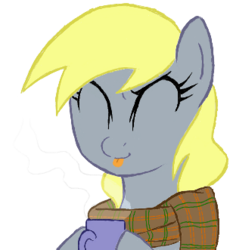 Size: 308x331 | Tagged: safe, artist:hipster-ponies, derpy hooves, pegasus, pony, g4, clothes, female, mare, mug, scarf, simple background, solo, tongue out, transparent background