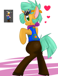 Size: 1213x1594 | Tagged: dead source, safe, artist:kryptchild, snails, giraffe, pony, g4, animal crossing, bipedal, butt, clothes, crossdressing, crossover, glitter shell, gracie, heart, male, neckerchief, pantyhose, plot, shirt, stockings, sunglasses, trap