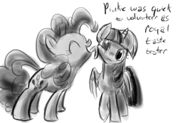 Size: 1166x808 | Tagged: safe, artist:kittyhawk-contrail, pinkie pie, twilight sparkle, alicorn, pony, g4, eyes closed, female, grayscale, lesbian, licking, mare, monochrome, ship:twinkie, shipping, tongue out, twilight sparkle (alicorn)