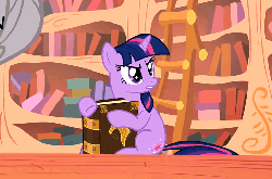 Size: 728x480 | Tagged: safe, screencap, fluttershy, pinkie pie, spike, twilight sparkle, dragon, pony, unicorn, g4, the return of harmony, animated, book, discorded, duo focus, female, golden oaks library, library, male, mare, scroll, that pony sure does love books, this is my book, unicorn twilight, yelling