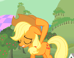 Size: 685x540 | Tagged: safe, screencap, applejack, earth pony, pony, g4, season 2, the return of harmony, animated, apology, chaos, cropped, cute, discorded landscape, female, hat off, jackabetes, regret, solo