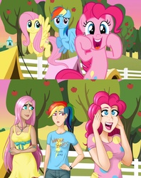 Size: 1400x1767 | Tagged: safe, artist:emberfan11, fluttershy, pinkie pie, rainbow dash, human, g4, humanized, scene interpretation, screencap reference