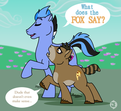 Size: 933x856 | Tagged: safe, artist:kibaandme, fox, male, mordecai, mordecai and rigby, ponified, regular show, rigby (regular show), song reference, the fox, what does the fox say?, ylvis
