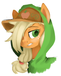 Size: 1285x1590 | Tagged: safe, artist:facerenon, applejack, g4, clothes, female, hair over one eye, hat, hoodie, simple background, solo